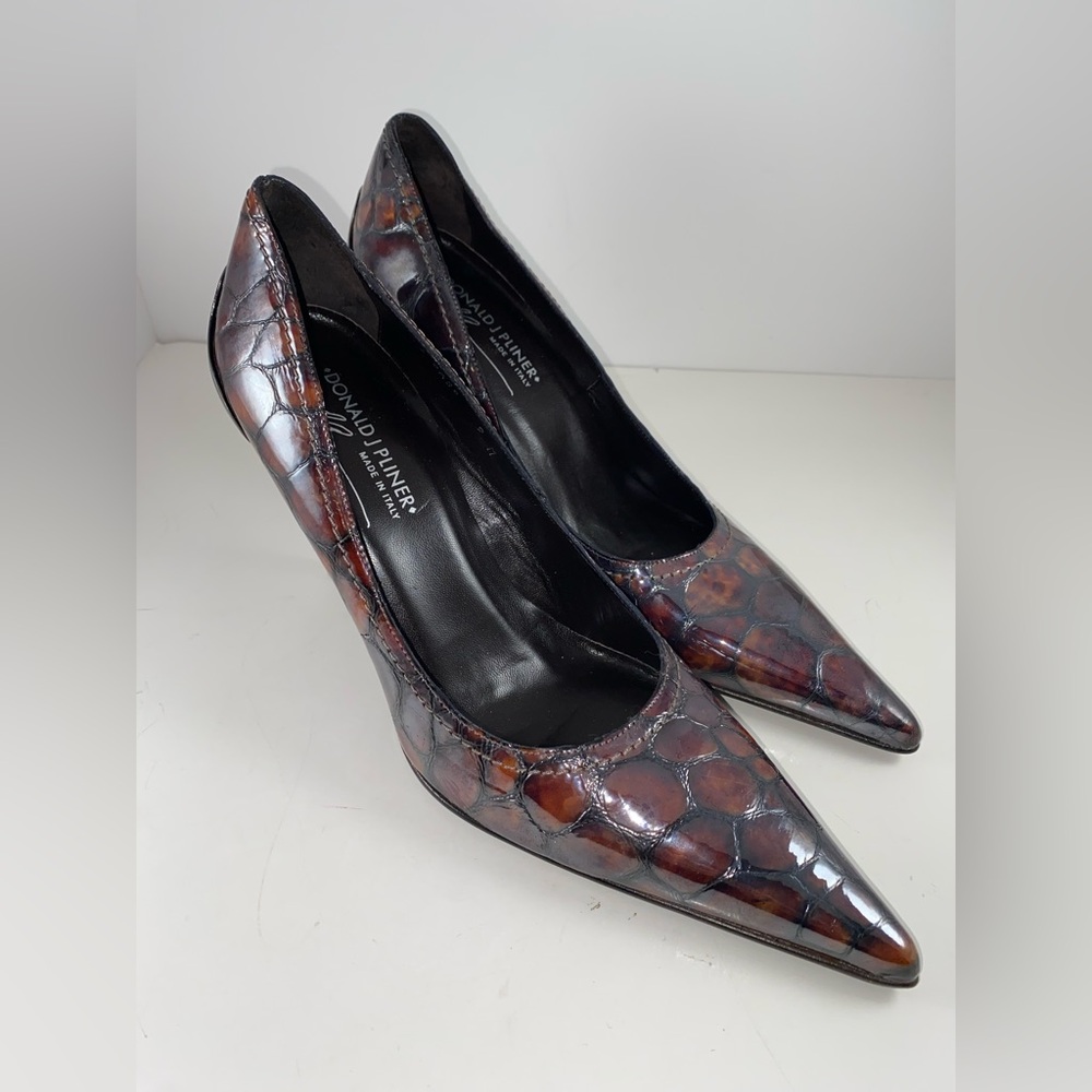 Donald Pliner Cass Tan Tortoise Animal Print Metal Stiletto Pointed Toe Heels 9M